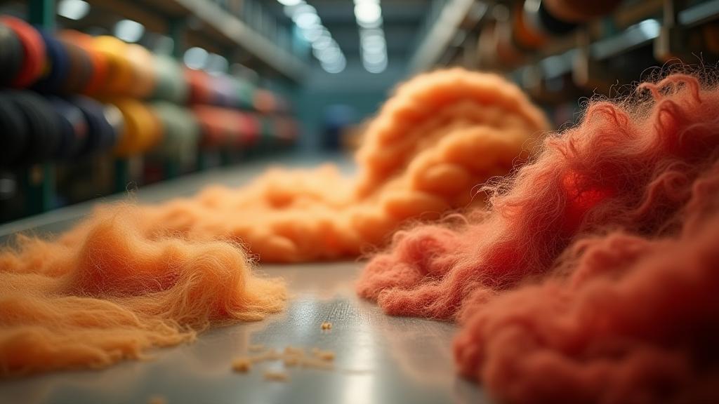 Detailed view of premium wool fabrics and yarn spools at LanaVita manufacturing floor